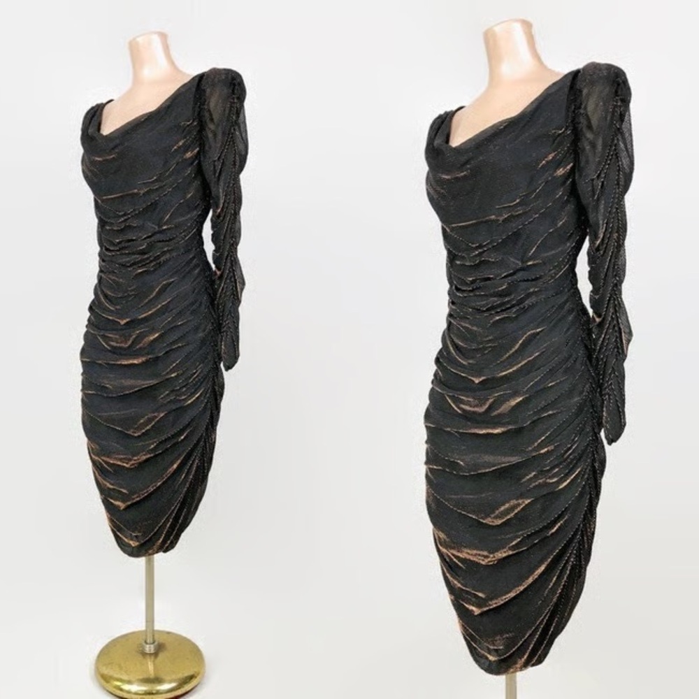 Vintage 80s Scarlett Ruched Black Gold Metallic Mini Dress Long Sleeve Size 5/6 - Picture 12 of 12